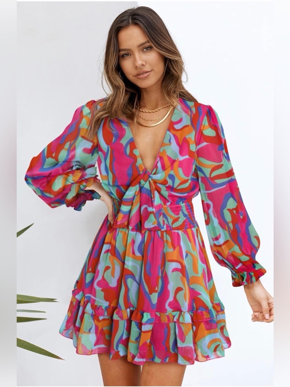 Bright Mini Dress with Deep V Tie Front| 🌺✨